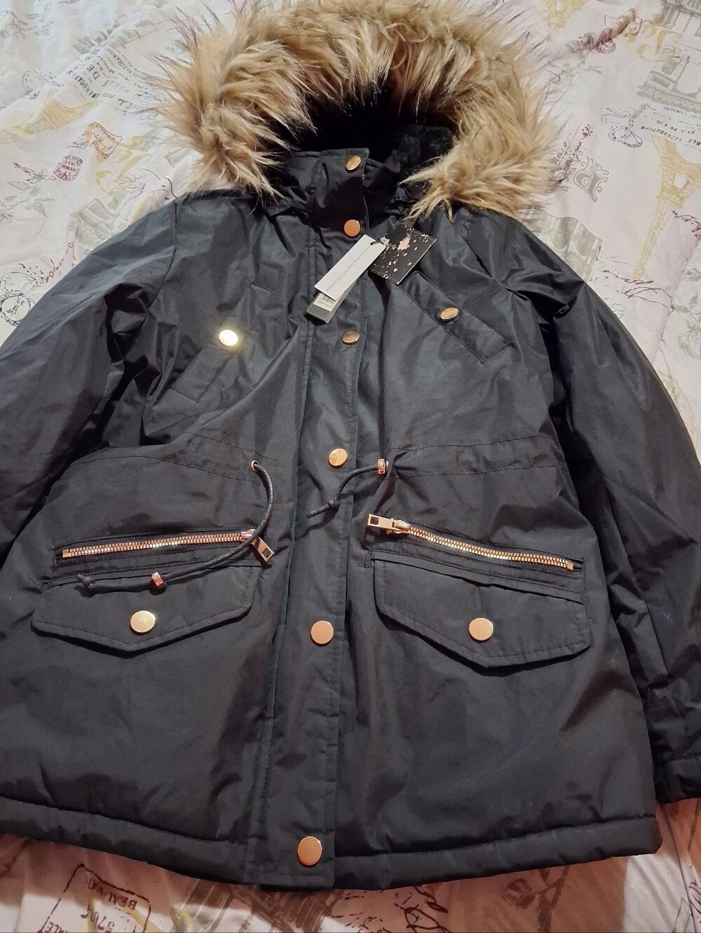 Women's Black Faux-Fur Hooded Parka Jacket